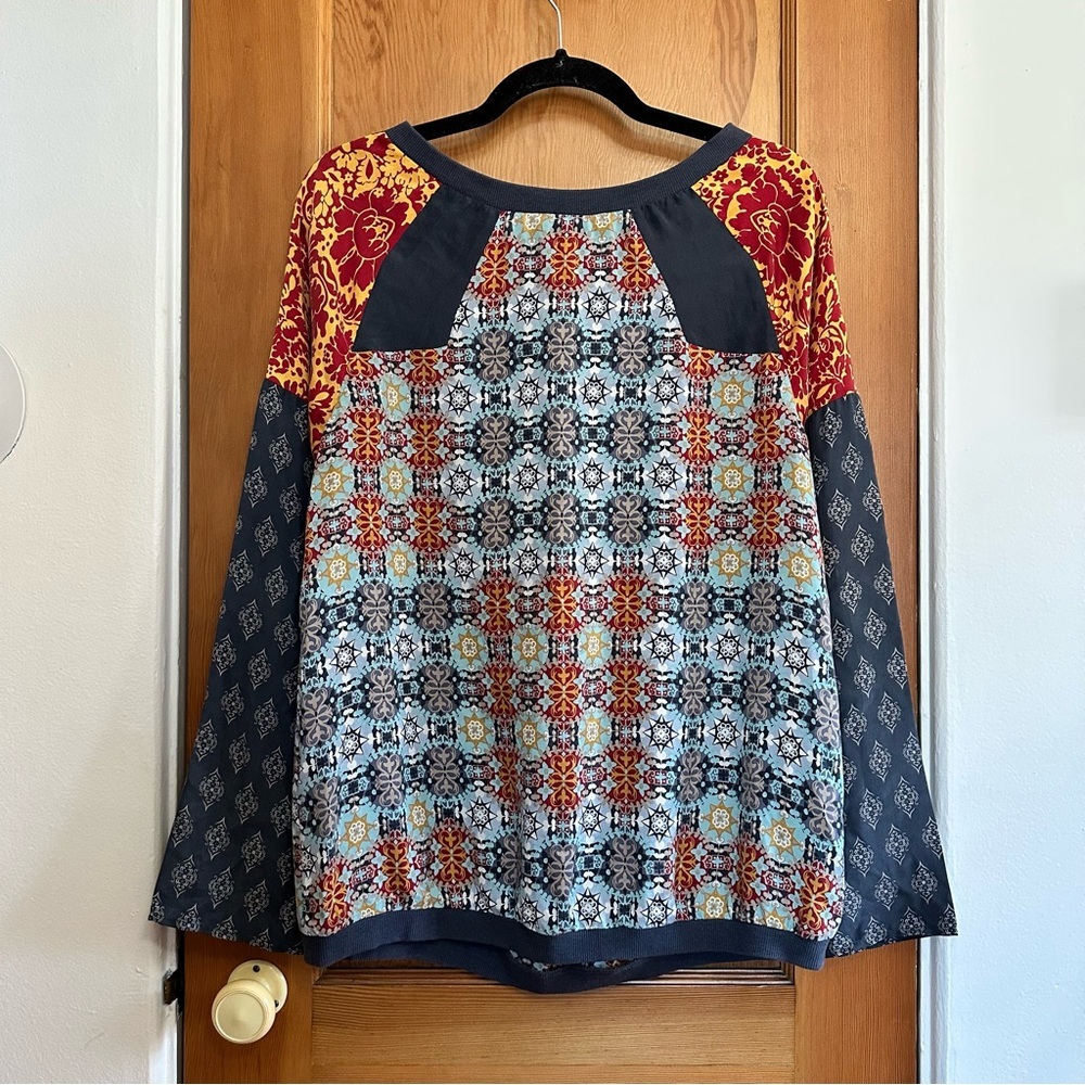 sundance 100% silk kaleidoscope patchwork print long sleeve blouse